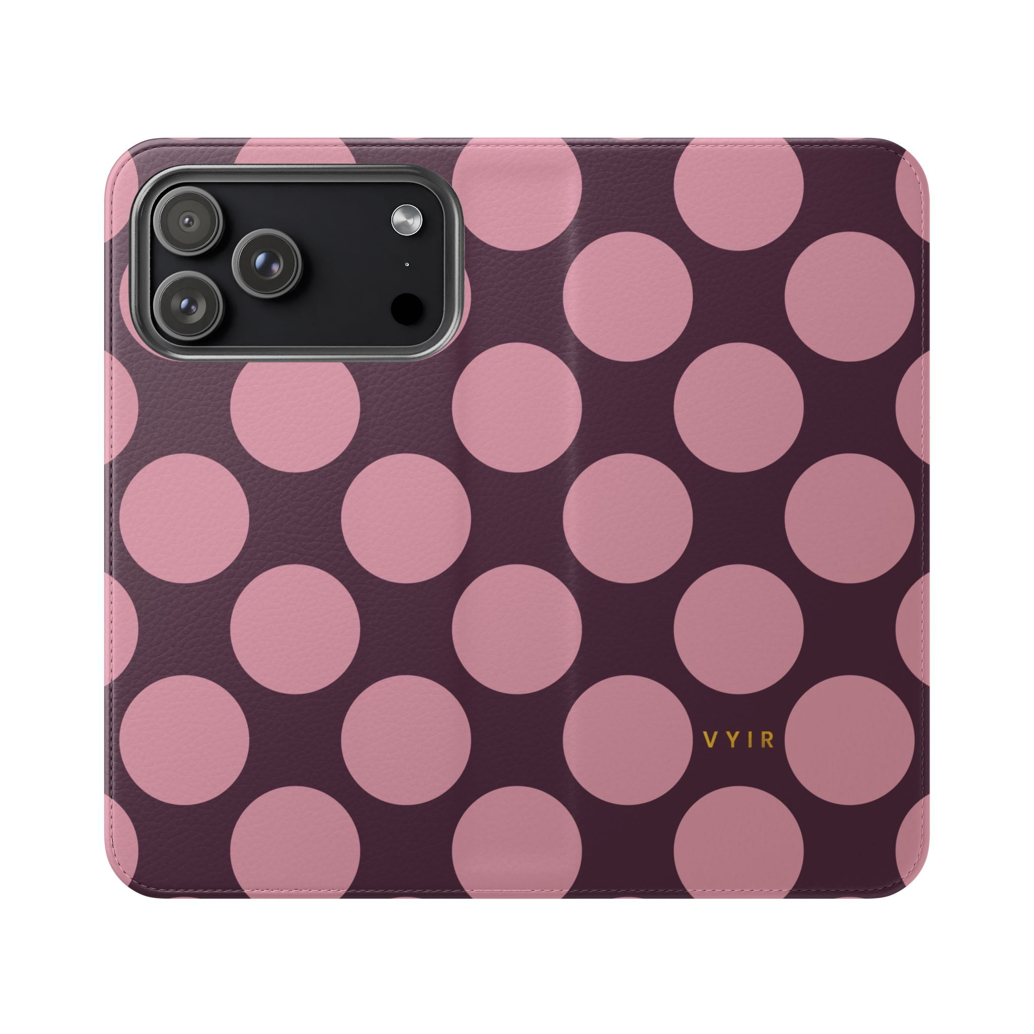 iPhone 17 Pro Max Vegan Leather Wallet Case – Pink Plum Polka Dot Design - VYIR