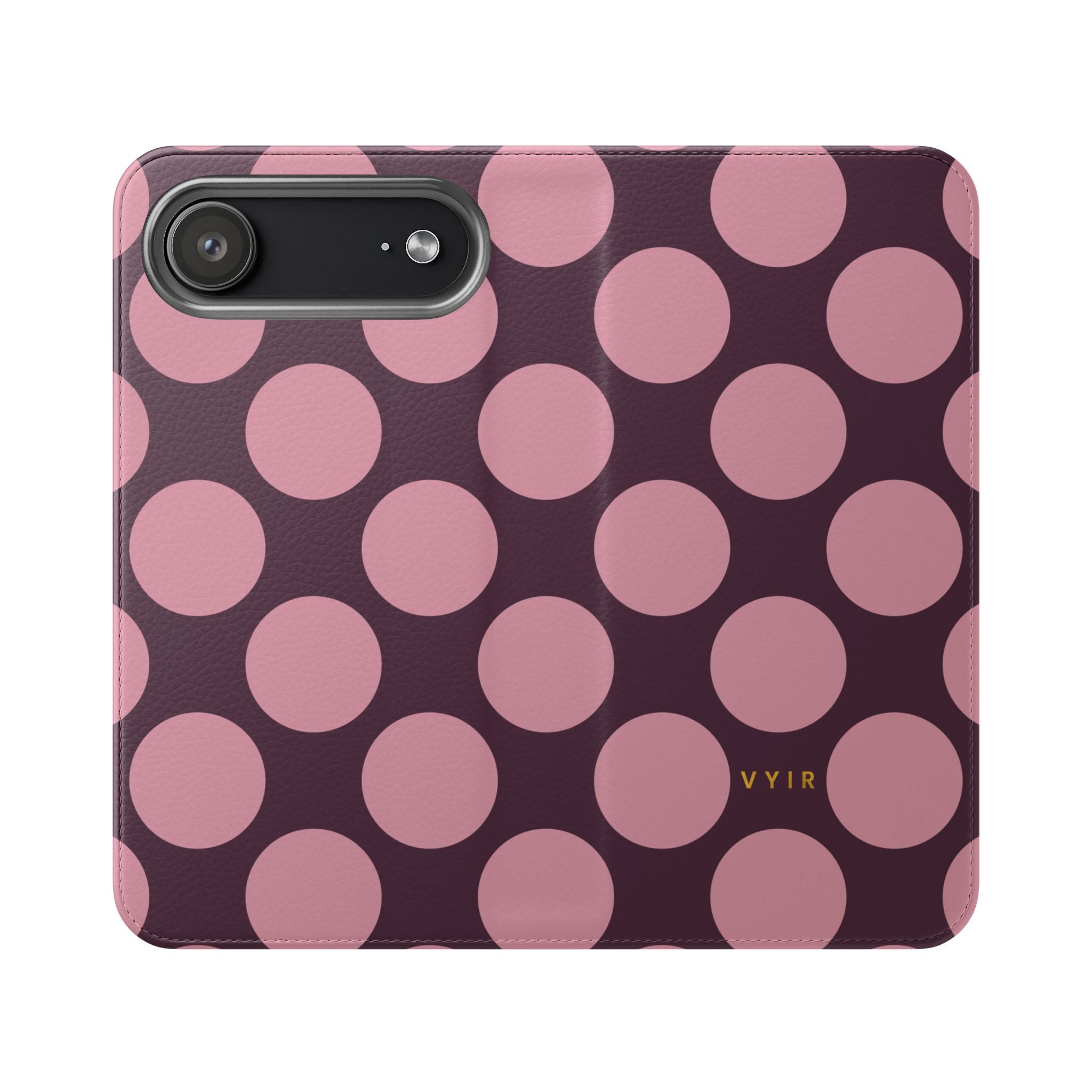 iPhone 17 Air Vegan Leather Wallet Case – Pink Plum Polka Dot Design - VYIR