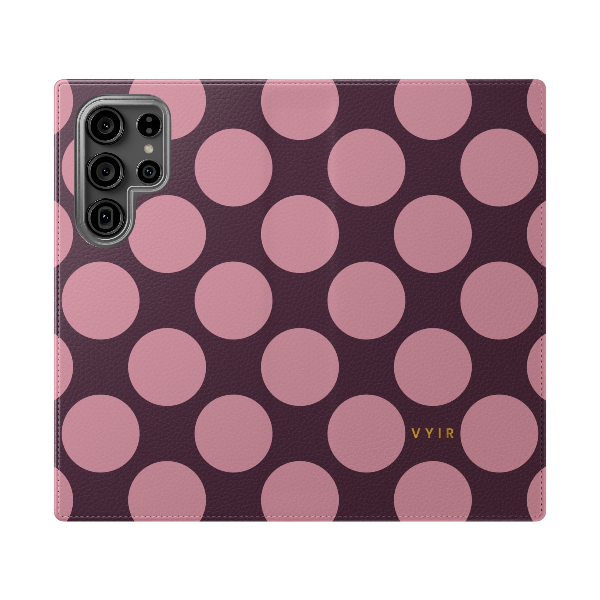 Samsung Galaxy S23 Ultra Vegan Leather Wallet Case – Pink Plum Polka Dot Design - VYIR