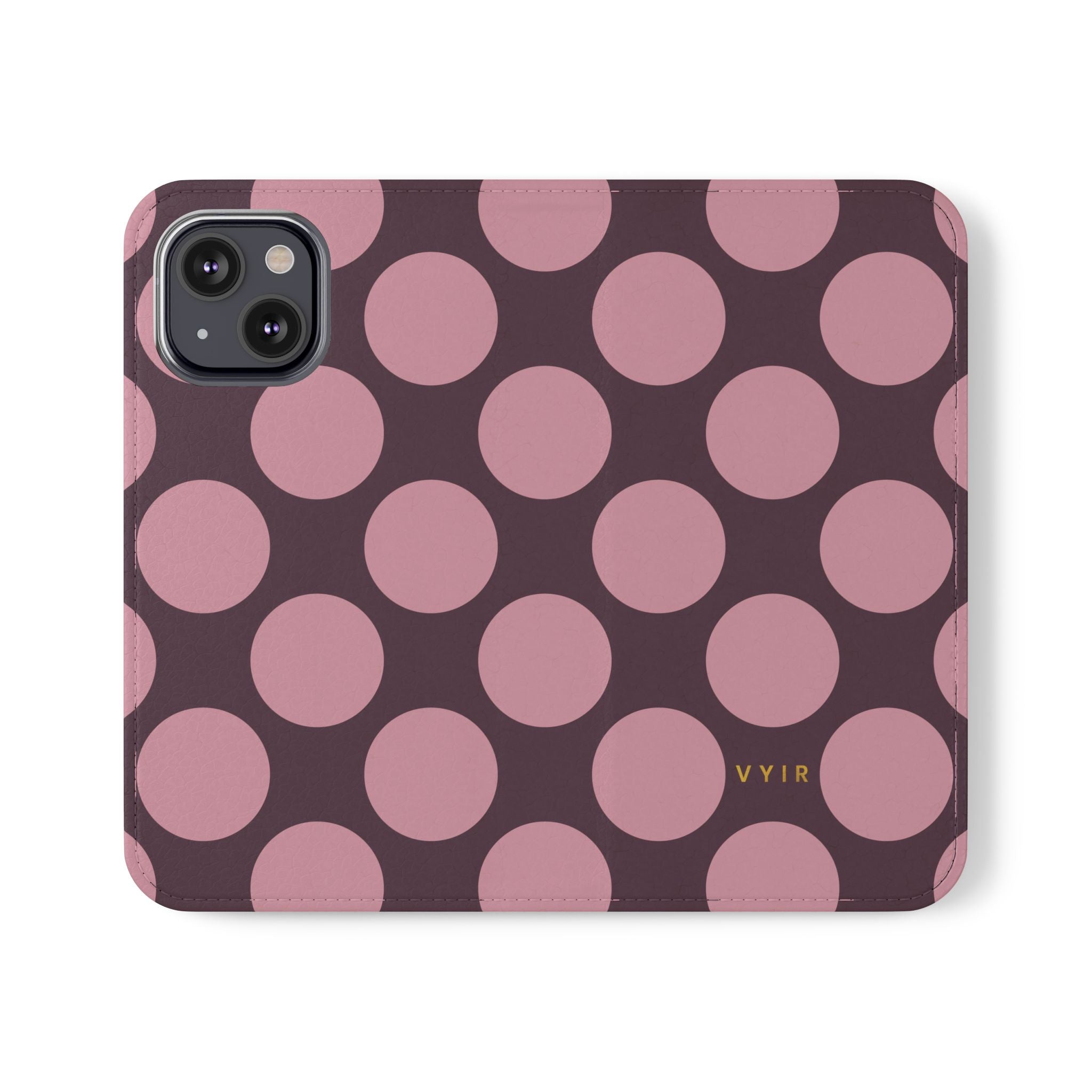 iPhone 13 Mini Vegan Leather Wallet Case – Pink Plum Polka Dot Design - VYIR
