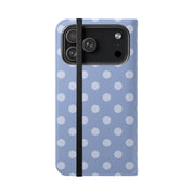 iPhone 17 Pro Max Vegan Leather Wallet Case – Light Blue Polka Dot Design - VYIR