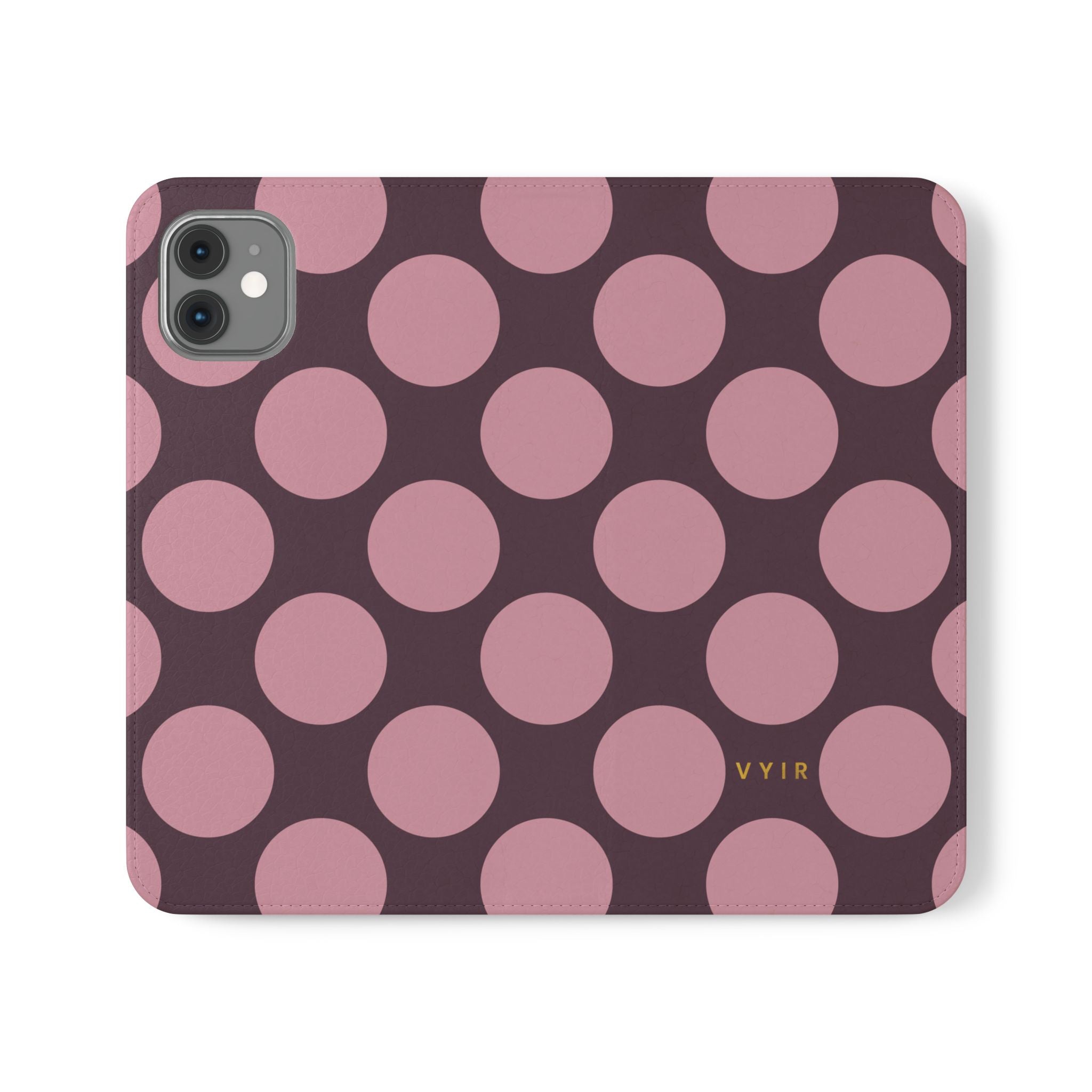 iPhone 11 Vegan Leather Wallet Case – Pink Plum Polka Dot Design - VYIR