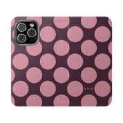 iPhone 16 Pro Vegan Leather Wallet Case – Pink Plum Polka Dot Design - VYIR