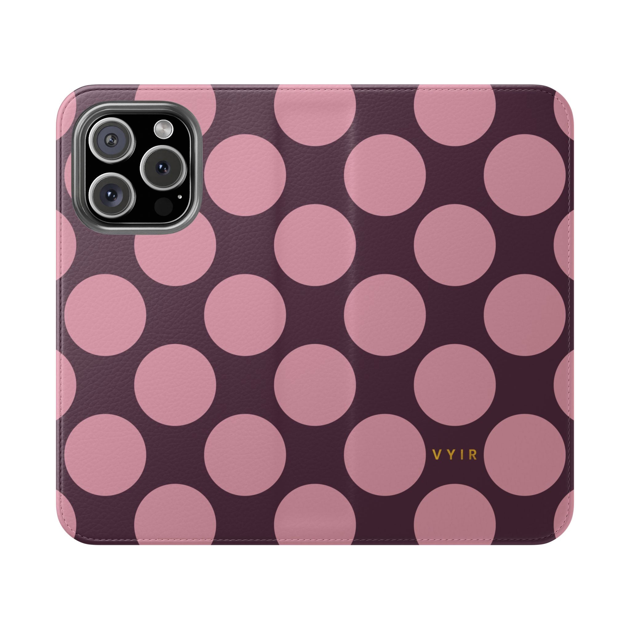 iPhone 16 Pro Vegan Leather Wallet Case – Pink Plum Polka Dot Design - VYIR