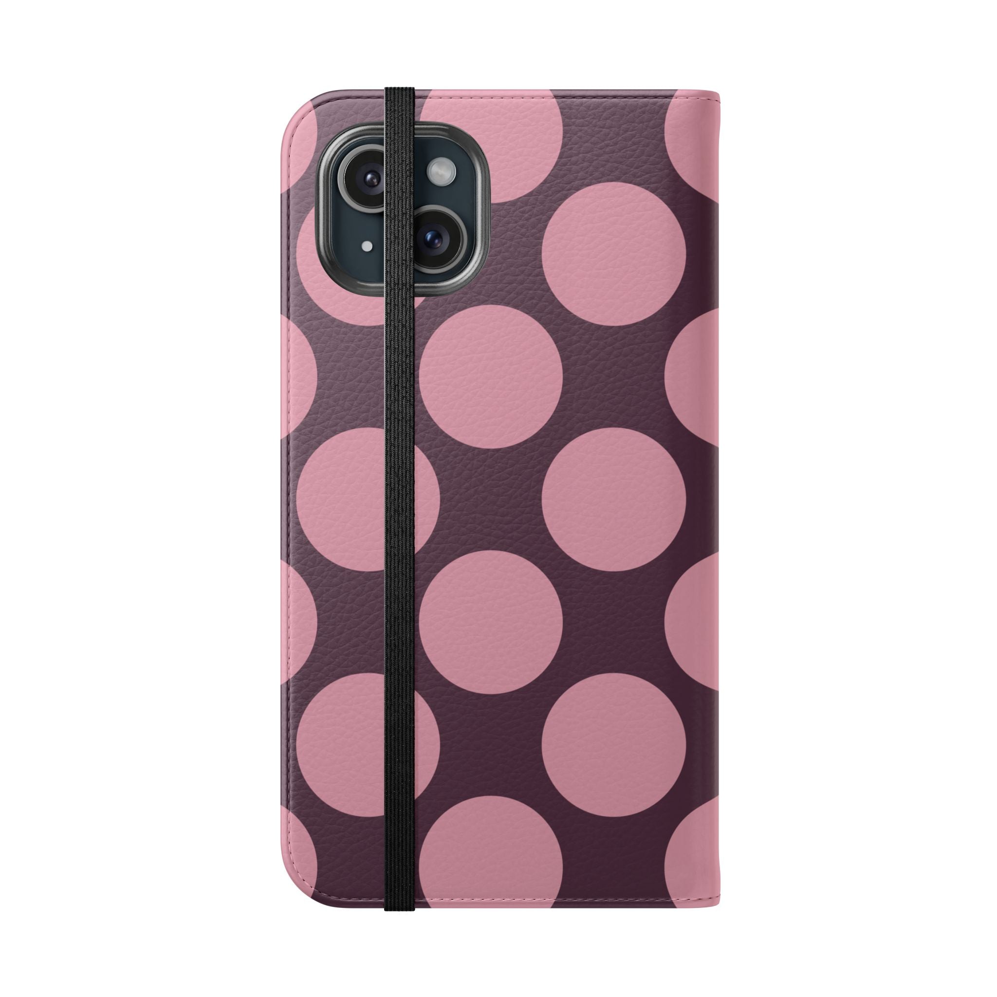 iPhone 15 Plus Vegan Leather Wallet Case – Pink Plum Polka Dot Design - VYIR