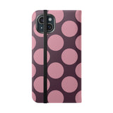 iPhone 15 Plus Vegan Leather Wallet Case – Pink Plum Polka Dot Design