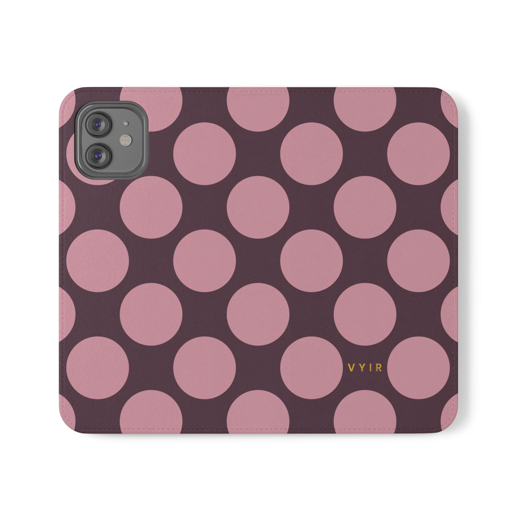 iPhone 12 Vegan Leather Wallet Case – Pink Plum Polka Dot Design - VYIR