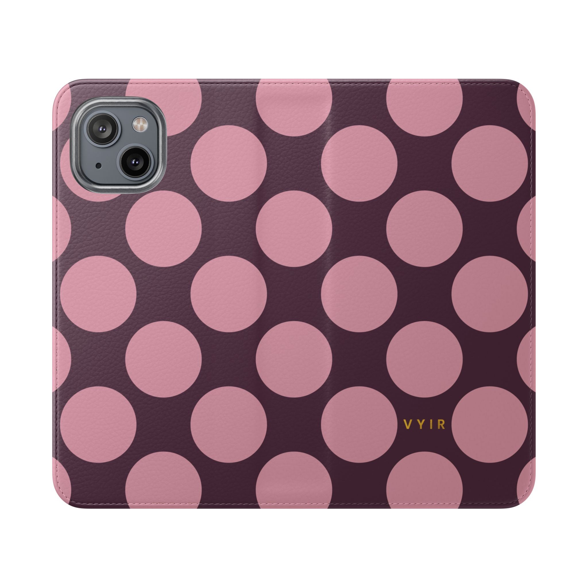 iPhone 14 Vegan Leather Wallet Case – Pink Plum Polka Dot Design - VYIR
