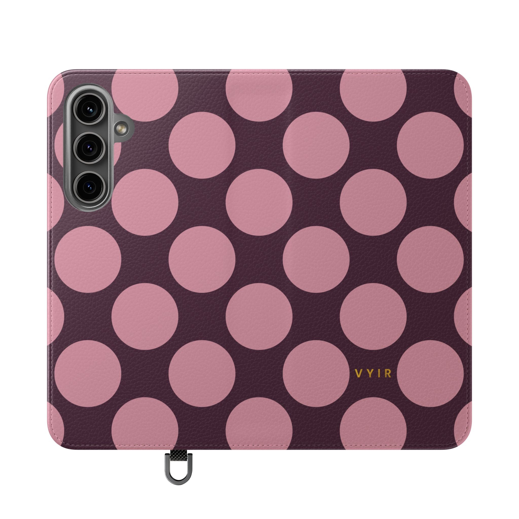 Samsung Galaxy S24 Plus Vegan Leather Wallet Case – Pink Plum Polka Dot Design - VYIR