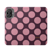 iPhone 16 Plus Vegan Leather Wallet Case – Pink Plum Polka Dot Design - VYIR