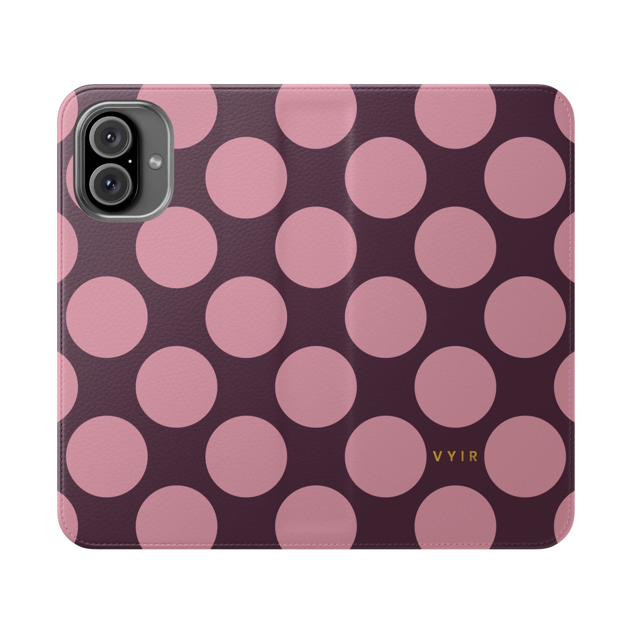 iPhone 16 Plus Vegan Leather Wallet Case – Pink Plum Polka Dot Design - VYIR