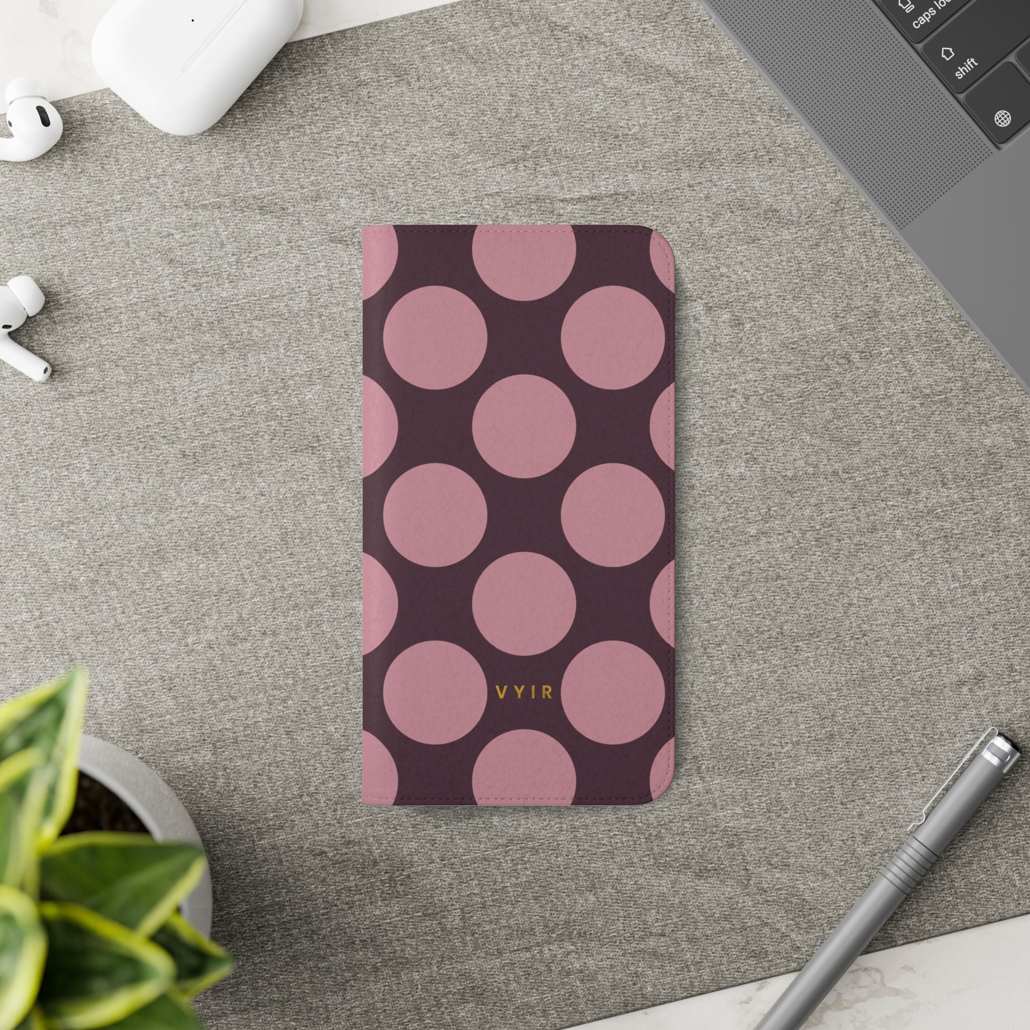 iPhone 11 Vegan Leather Wallet Case – Pink Plum Polka Dot Design - VYIR