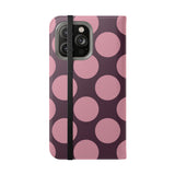 iPhone 14 Pro Max Vegan Leather Wallet Case – Pink Plum Polka Dot Design
