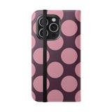 iPhone 15 Pro Vegan Leather Wallet Case – Pink Plum Polka Dot Design