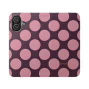 iPhone 17 Vegan Leather Wallet Case – Pink Plum Polka Dot Design - VYIR