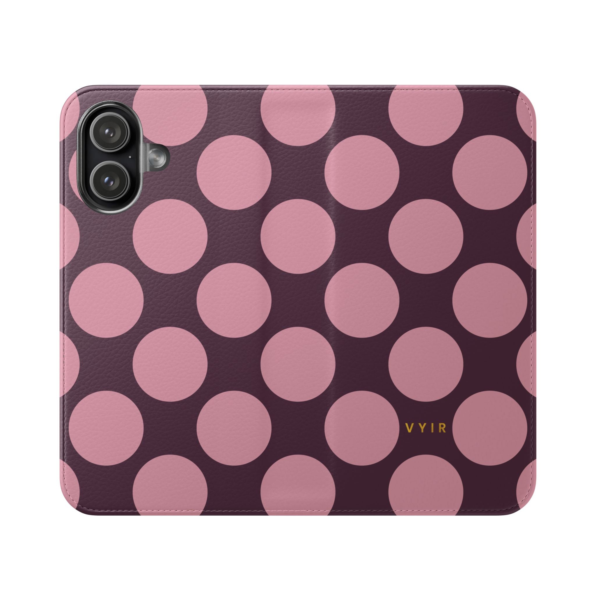 iPhone 17 Vegan Leather Wallet Case – Pink Plum Polka Dot Design - VYIR