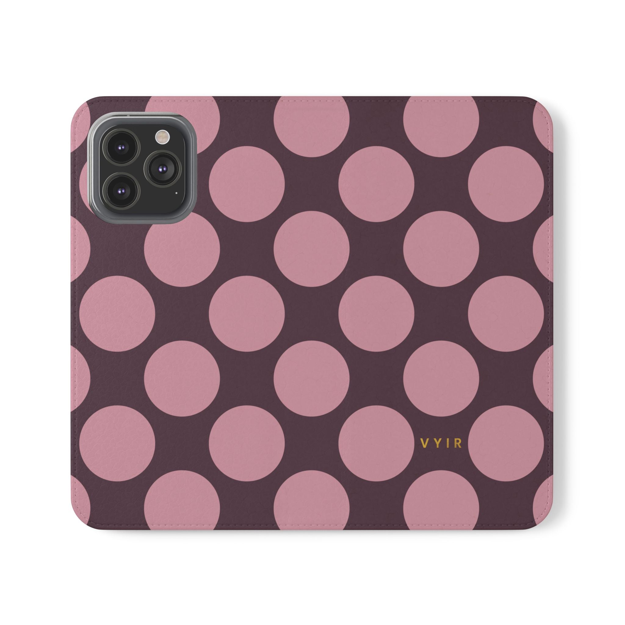 iPhone 13 Pro Max Vegan Leather Wallet Case – Pink Plum Polka Dot Design - VYIR