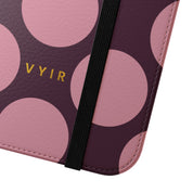 iPhone 15 Plus Vegan Leather Wallet Case – Pink Plum Polka Dot Design - VYIR