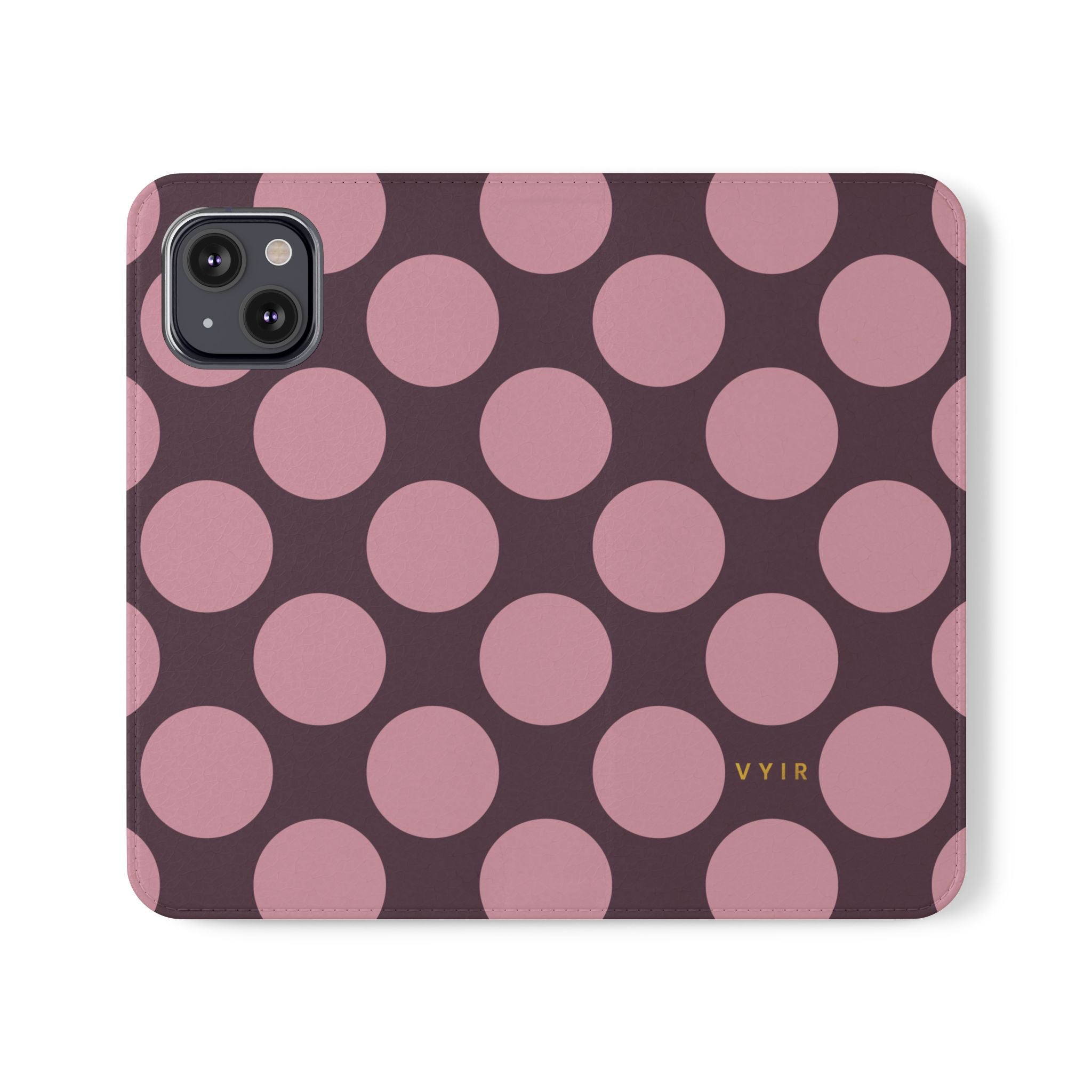 iPhone 13 Vegan Leather Wallet Case – Pink Plum Polka Dot Design - VYIR