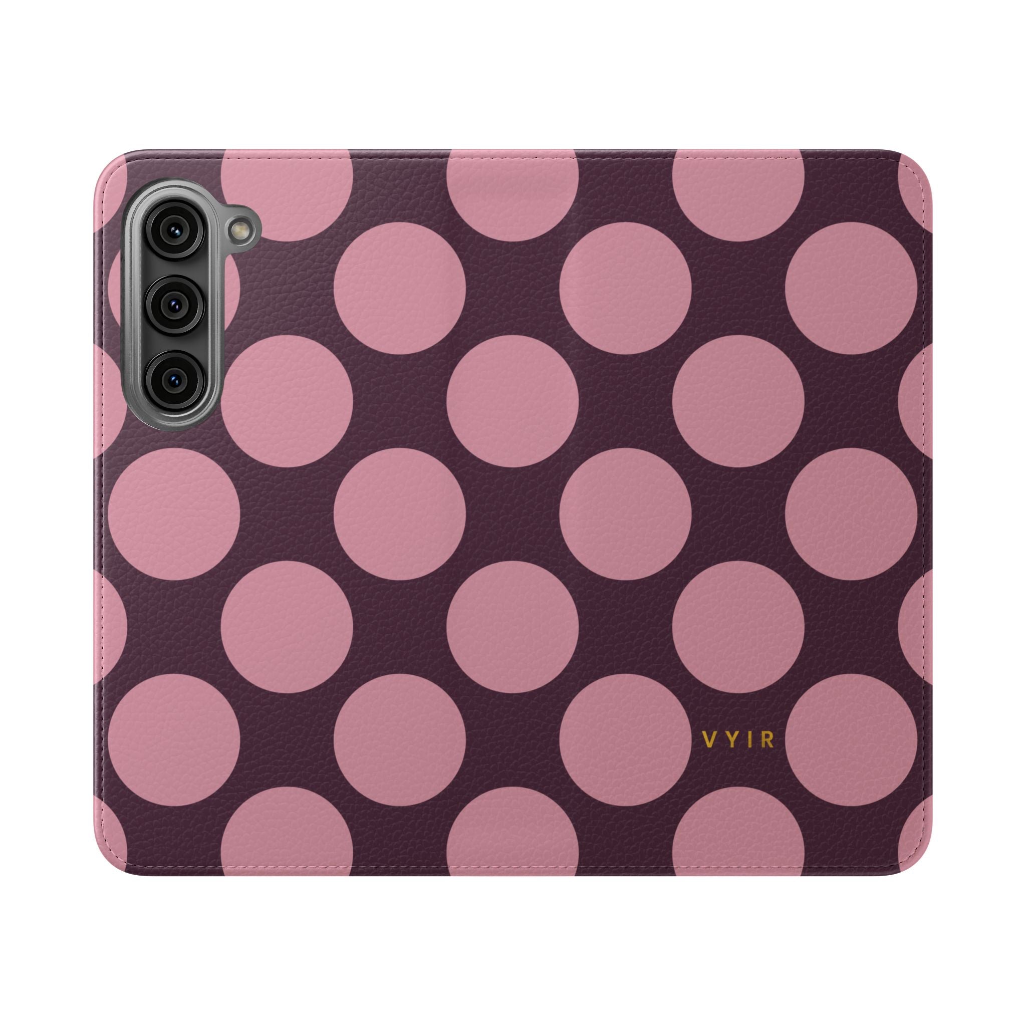 Samsung Galaxy S23 Vegan Leather Wallet Case – Pink Plum Polka Dot Design - VYIR
