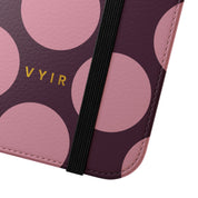 iPhone 15 Vegan Leather Wallet Case – Pink Plum Polka Dot Design - VYIR