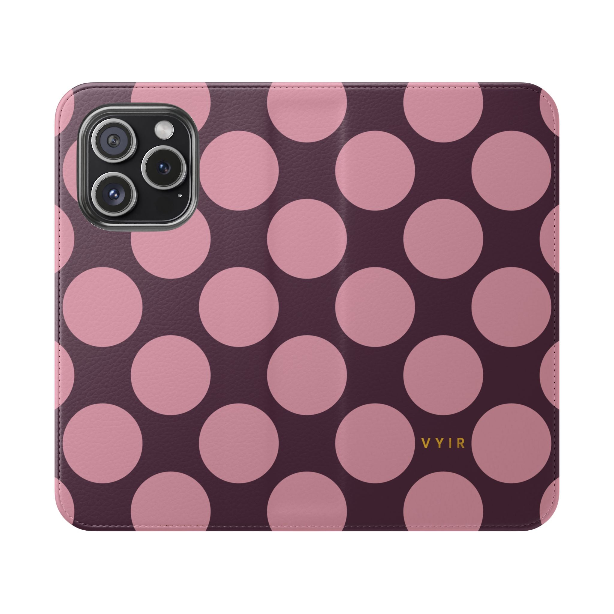 iPhone 15 Pro Vegan Leather Wallet Case – Pink Plum Polka Dot Design - VYIR