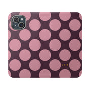 iPhone 15 Vegan Leather Wallet Case – Pink Plum Polka Dot Design - VYIR