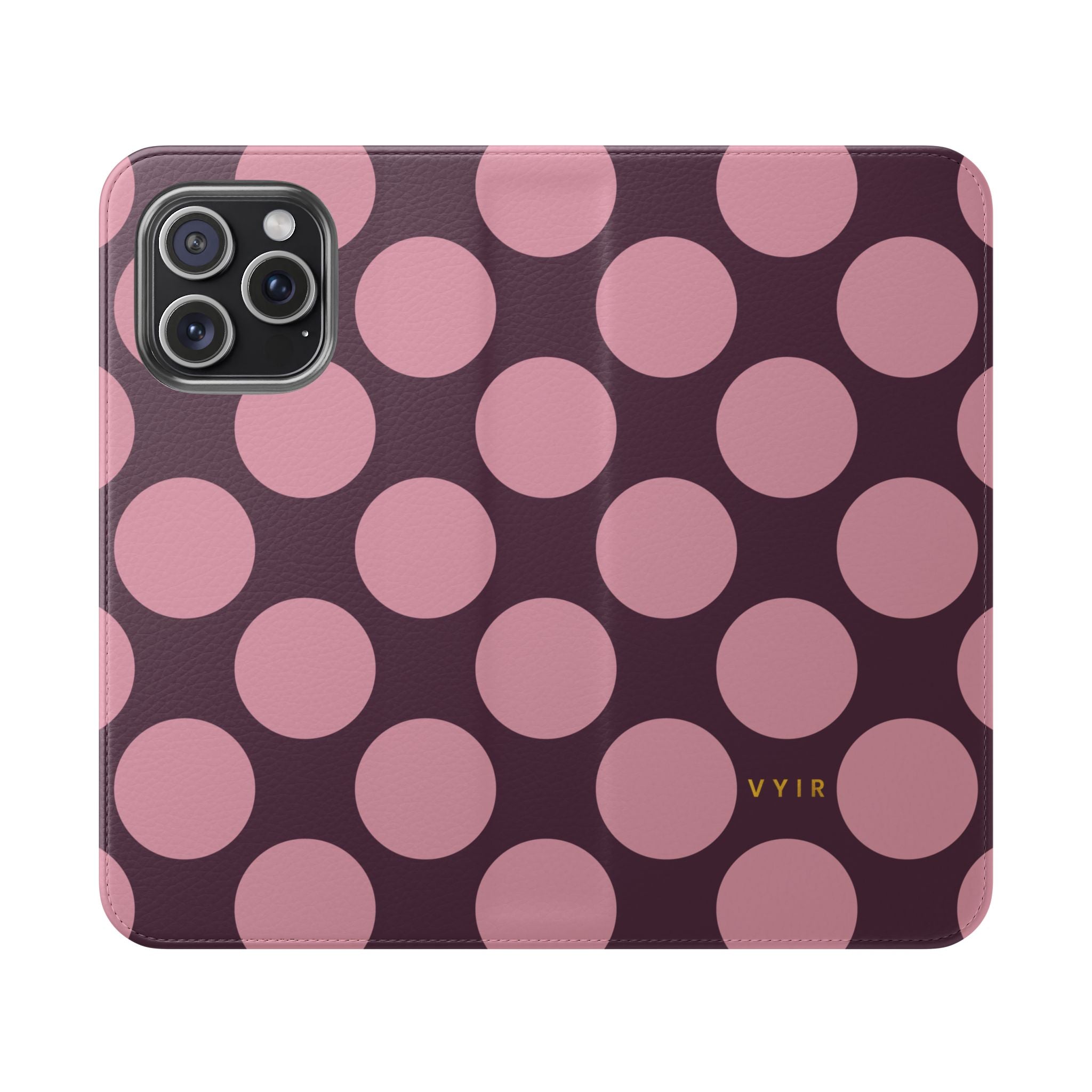 iPhone 15 Pro Max Vegan Leather Wallet Case – Pink Plum Polka Dot Design - VYIR