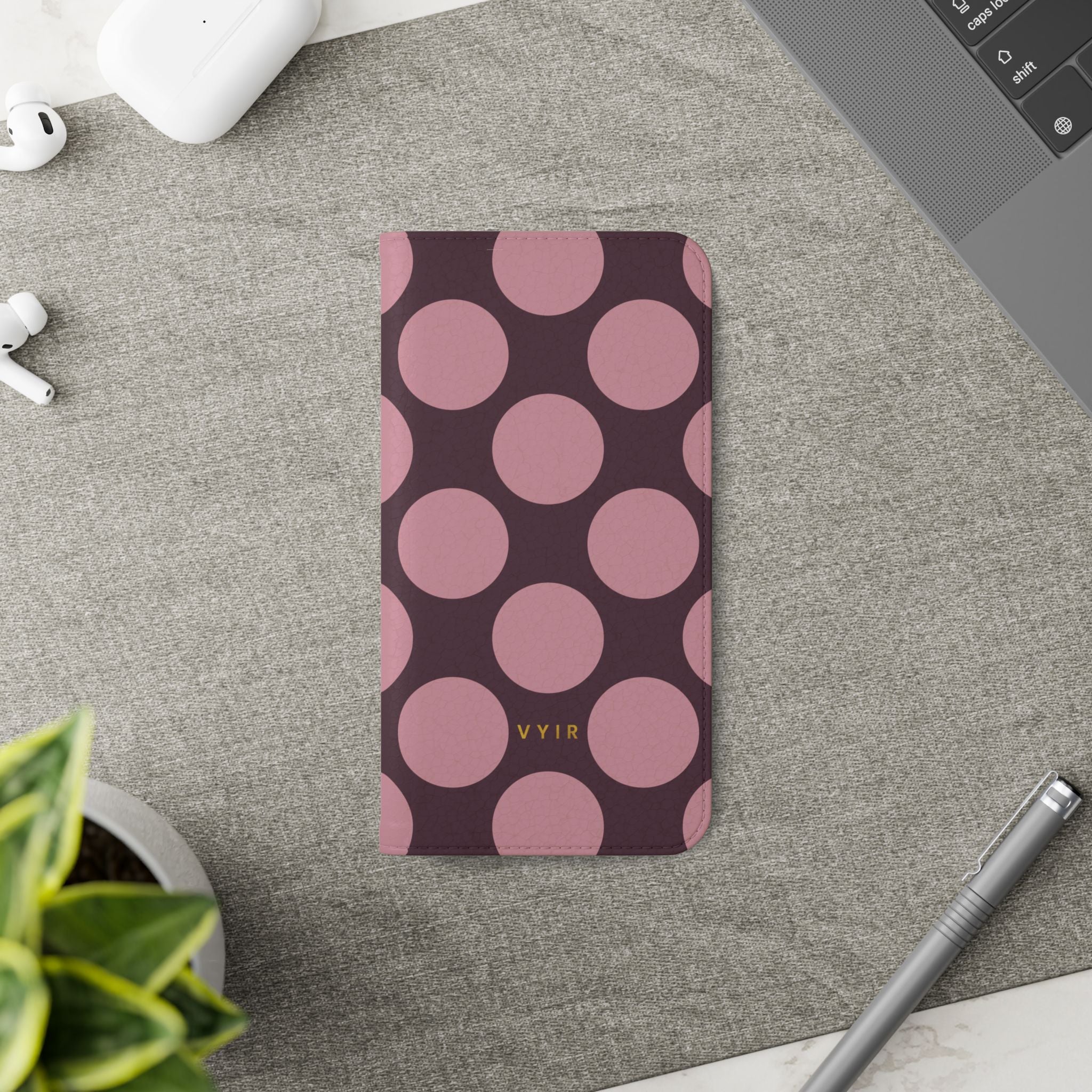 iPhone 13 Vegan Leather Wallet Case – Pink Plum Polka Dot Design - VYIR