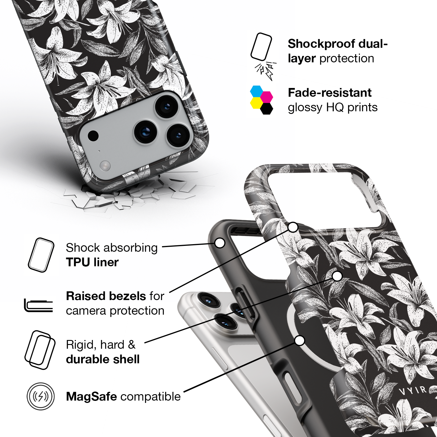 Monochrome Lilies - Shockproof MagSafe iPhone Case