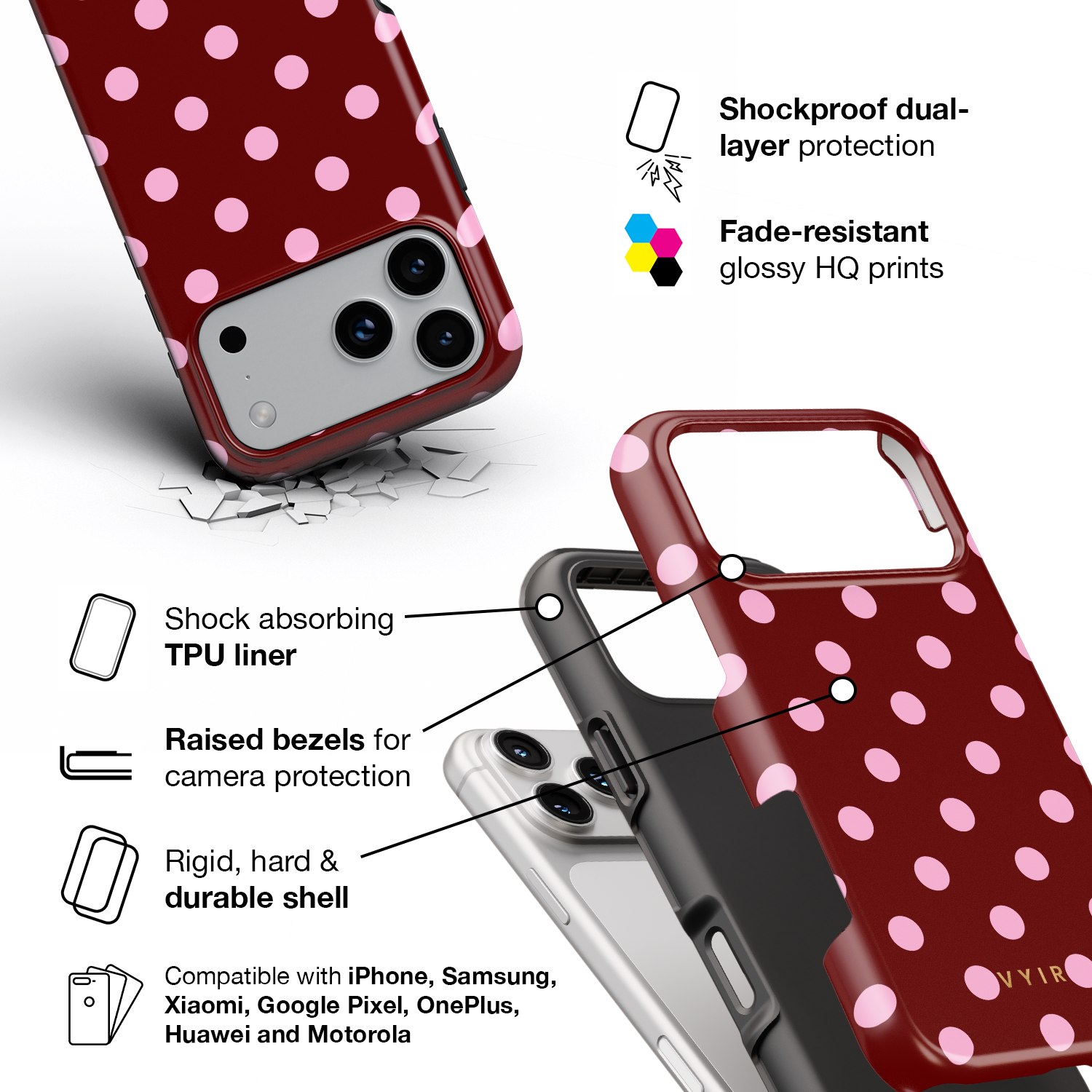 Classic Polka Dots, Burgundy - Shockproof Phone Case