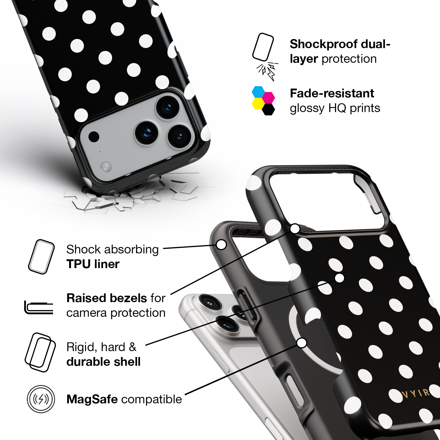 Classic Polka Dots, Black Noir - Shockproof MagSafe iPhone Case