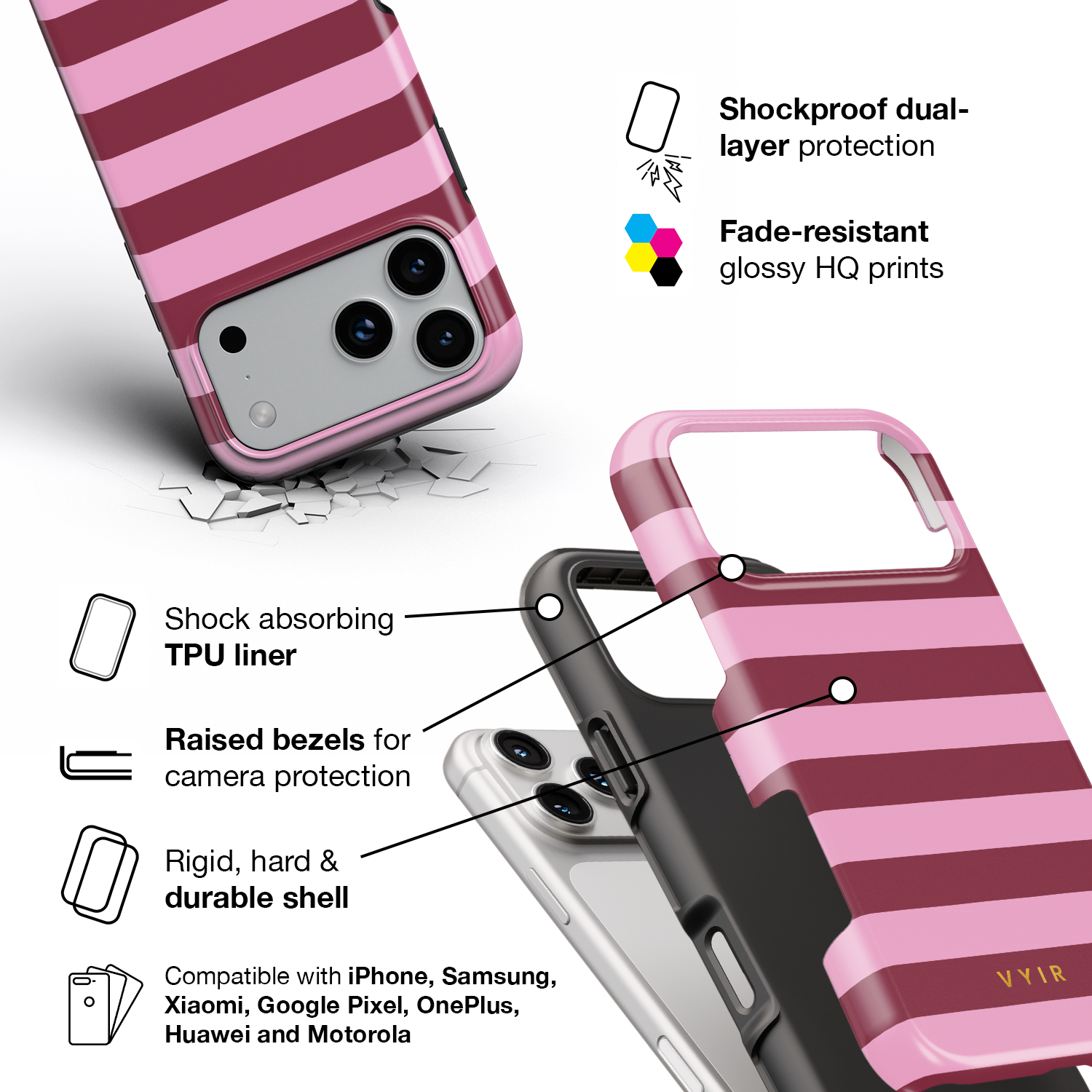 Horizontal Stripes, Candy Pink - Shockproof Phone Case