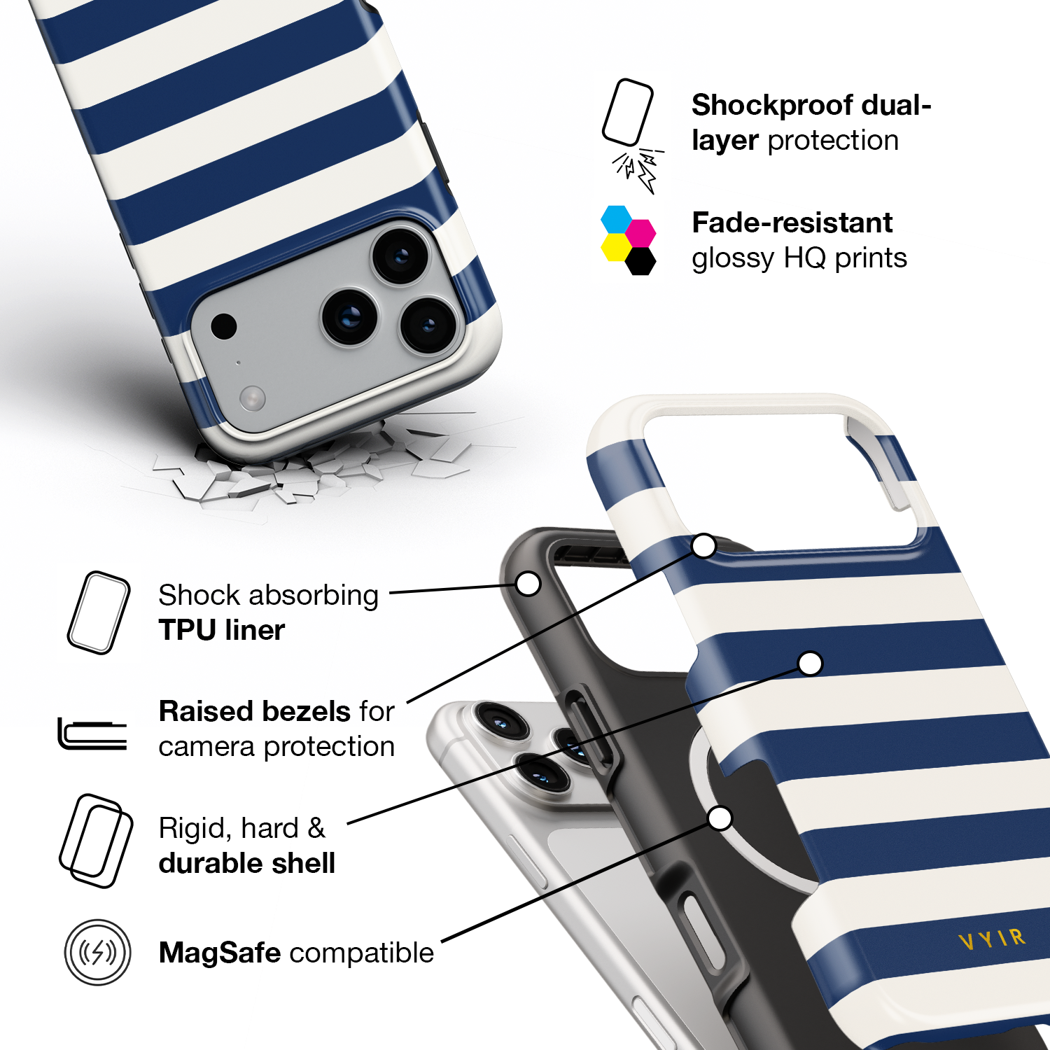 Horizontal Stripes, Old Money Blue - Shockproof MagSafe iPhone Case