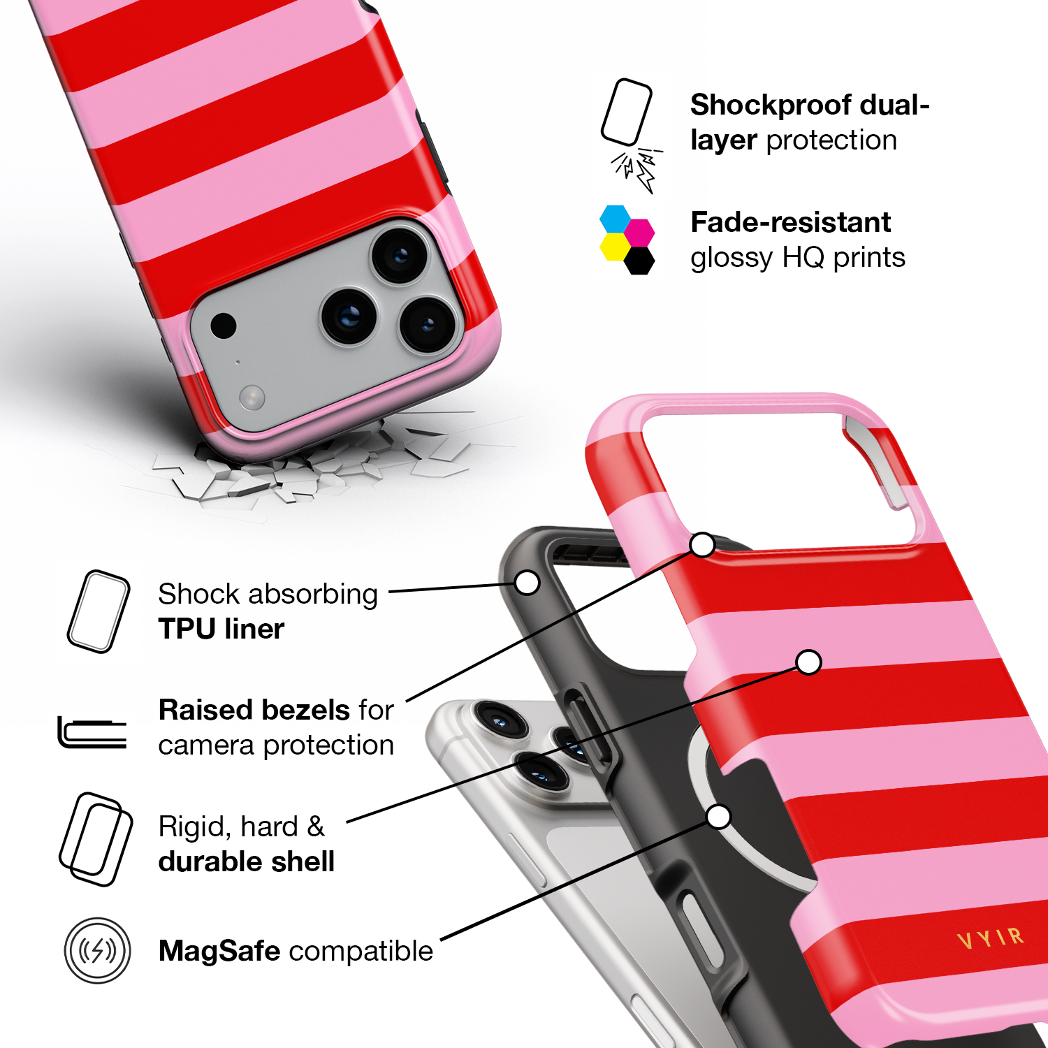 Horizontal Stripes, Red Blush - Shockproof MagSafe iPhone Case