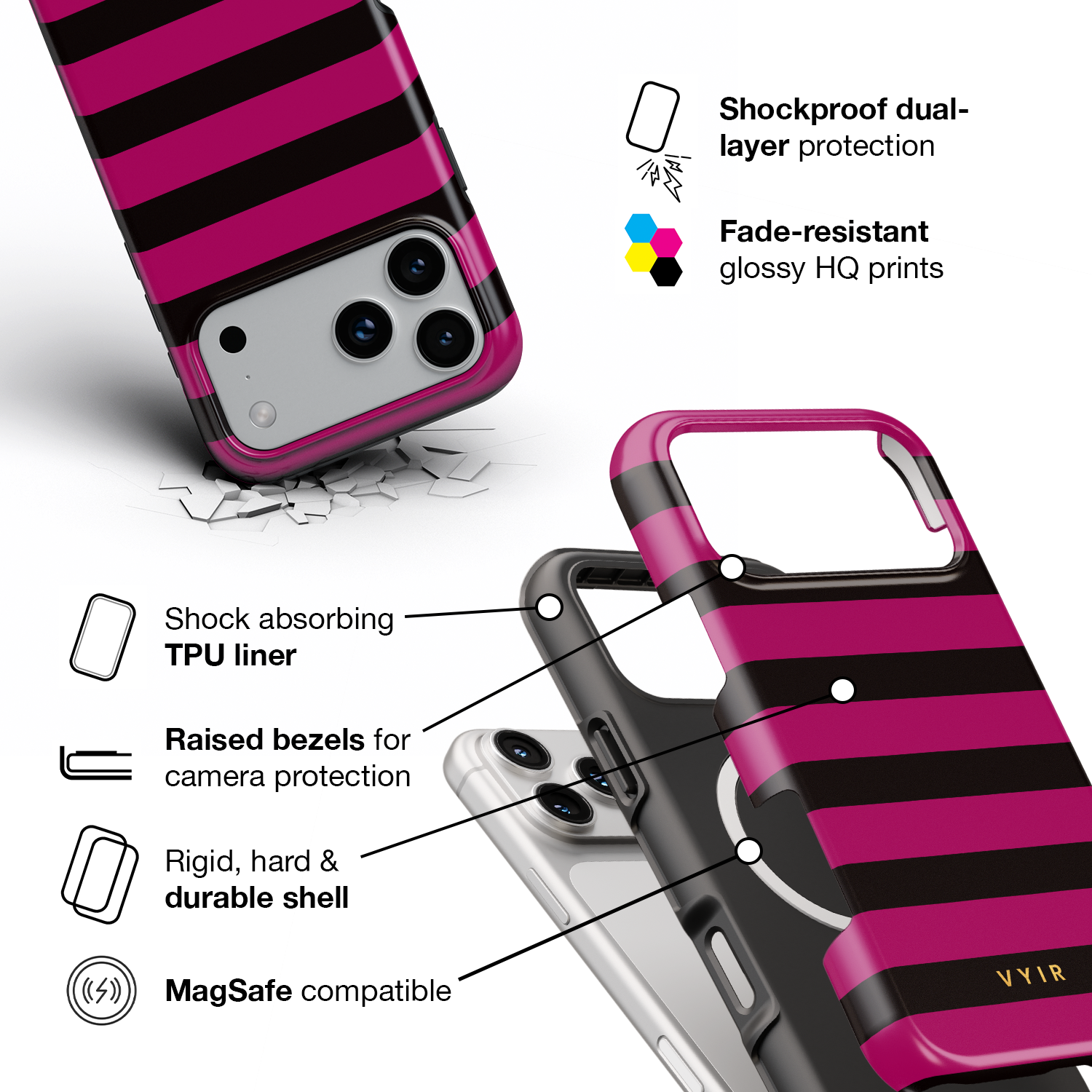 Horizontal Stripes, Wine Red - Shockproof MagSafe iPhone Case