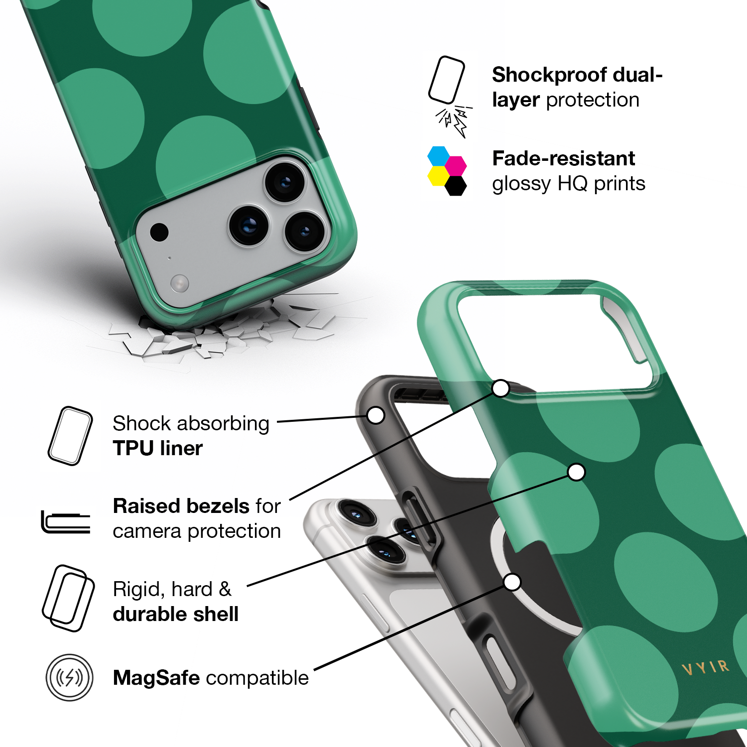 Large Polka Dots, Emerald Green - Shockproof MagSafe iPhone Case
