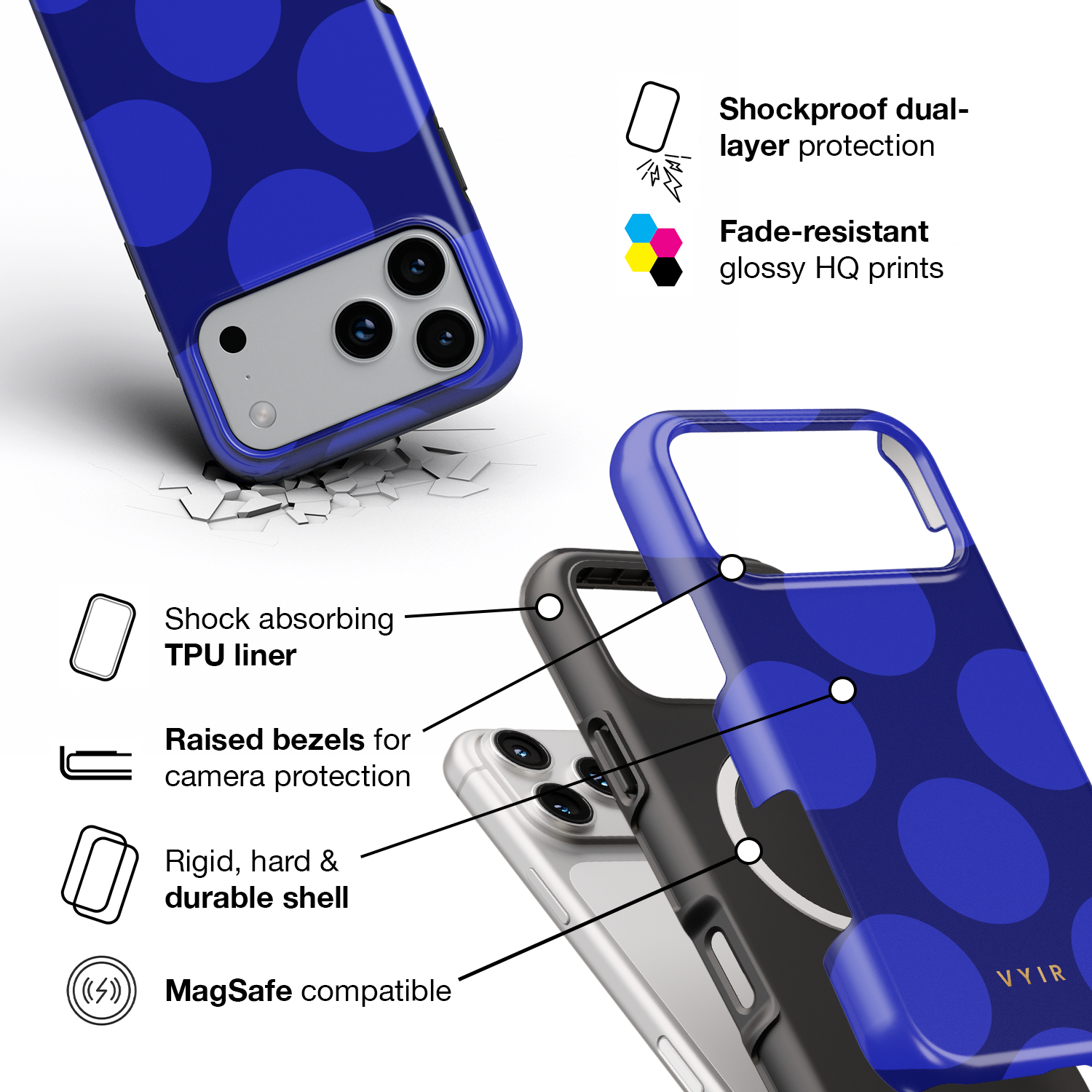 Large Polka Dots, Indigo Blue - Shockproof MagSafe iPhone Case
