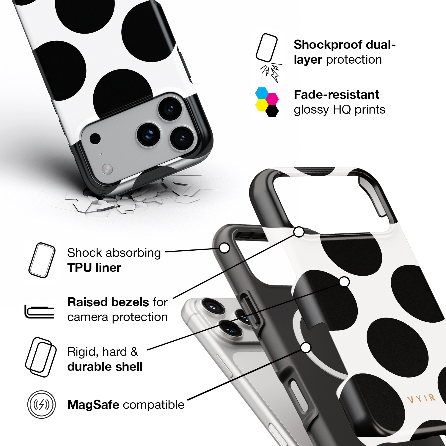 Large Polka Dots, Mono Black - Shockproof MagSafe iPhone Case