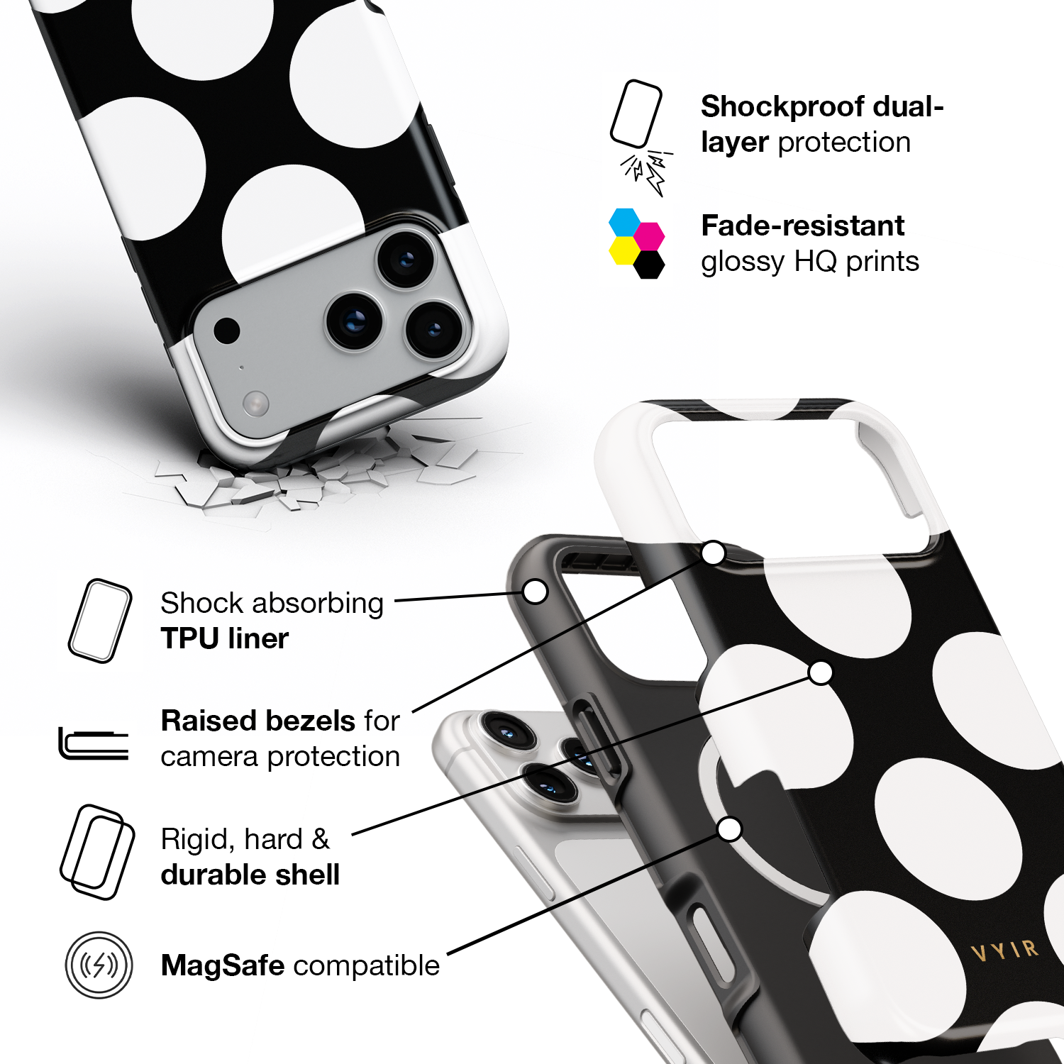 Large Polka Dots, Black Sparkle - Shockproof MagSafe iPhone Case