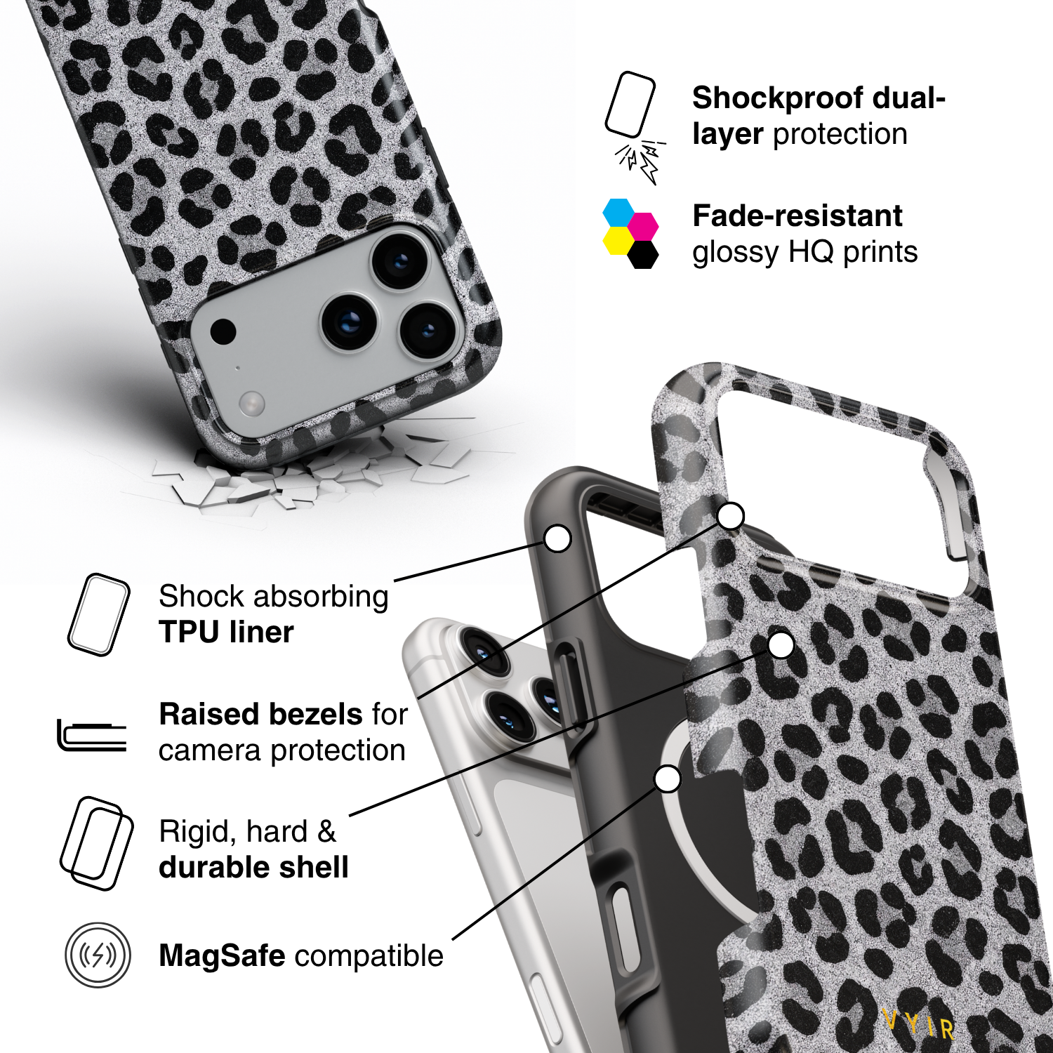 Luxe Leopard Silver - Shockproof MagSafe iPhone Case