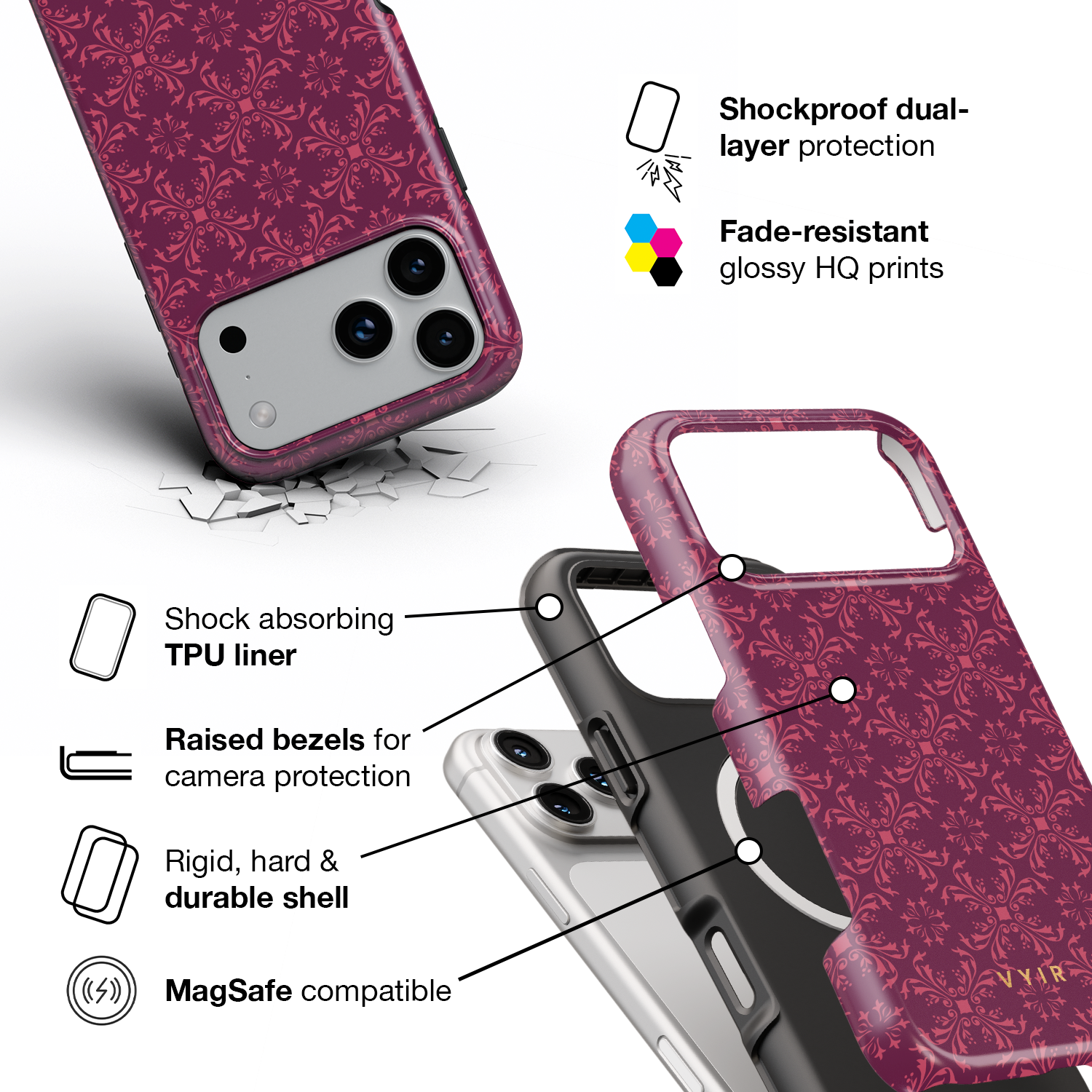 Ornate Bloom, Burgundy - Shockproof MagSafe iPhone Case