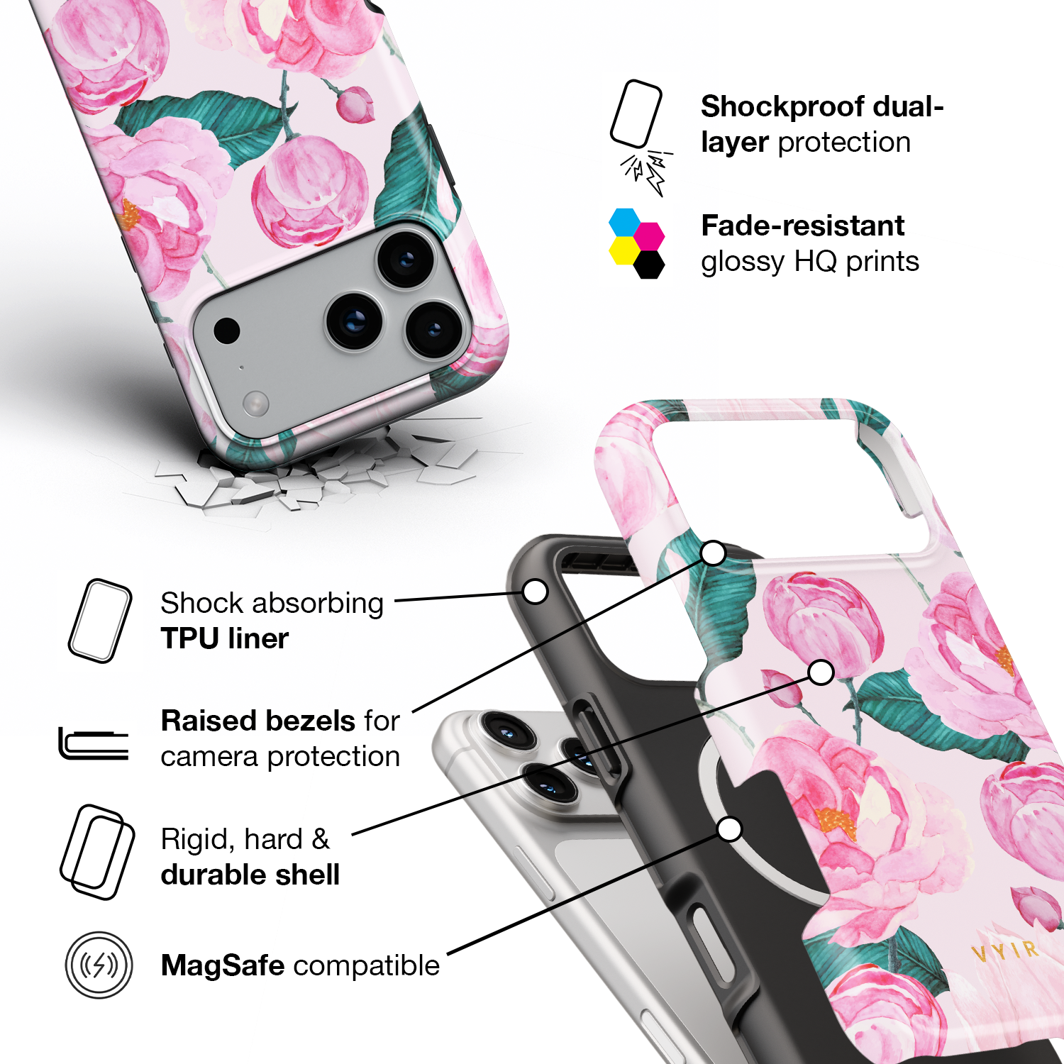 Rosy Peony Flourish - Shockproof MagSafe iPhone Case