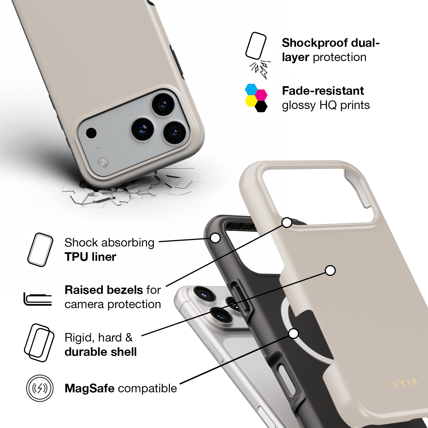 VYIR Signature Solid Colors, Beige - Shockproof MagSafe iPhone Case