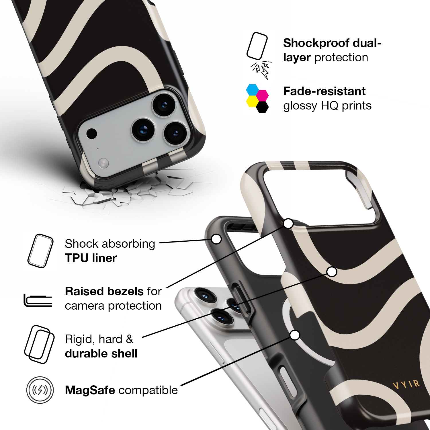 Swirl Lines, Black and Beige - Shockproof MagSafe iPhone Case