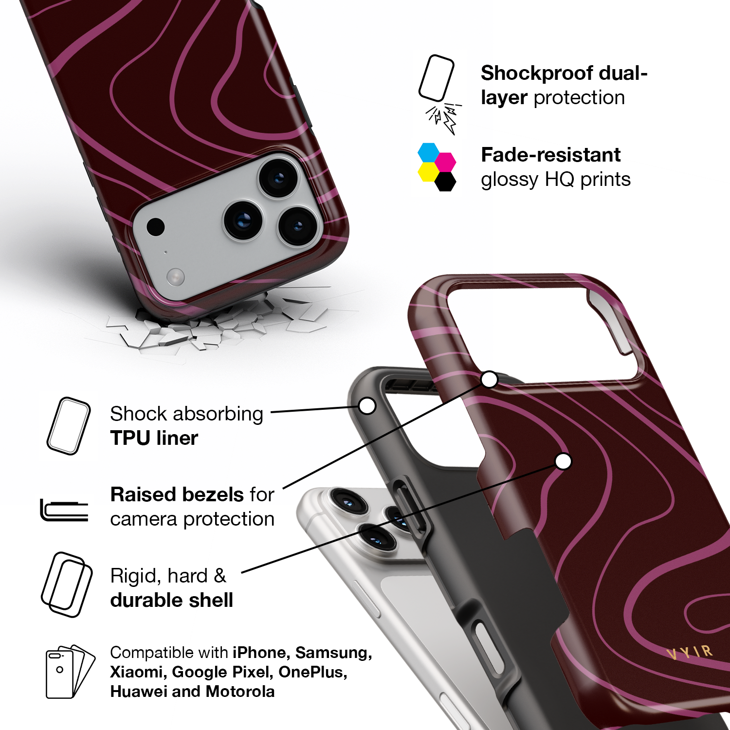 Swirl Lines, Burgundy - Shockproof Phone Case