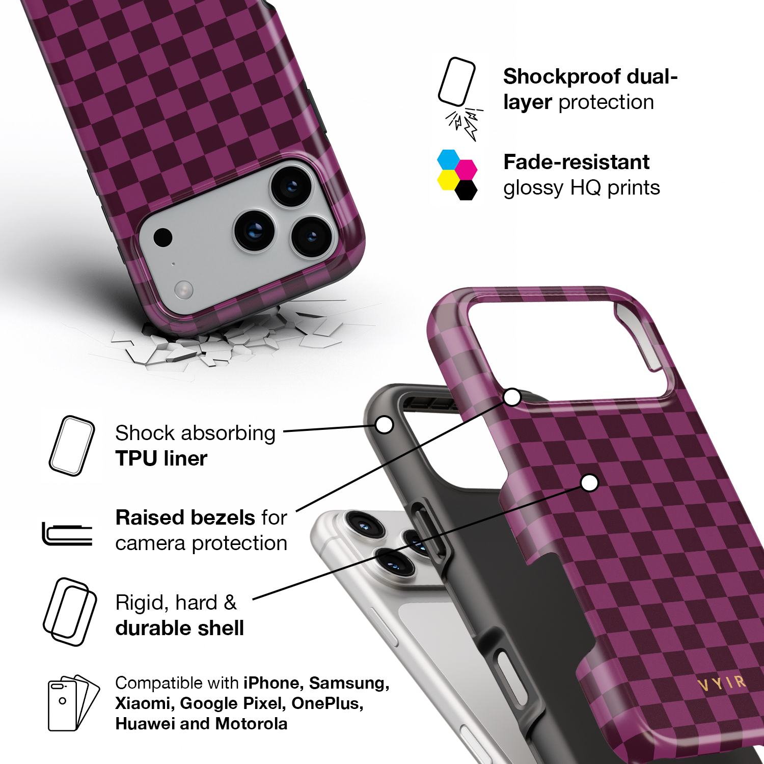 Tiny Checker, Burgundy - Shockproof Phone Case