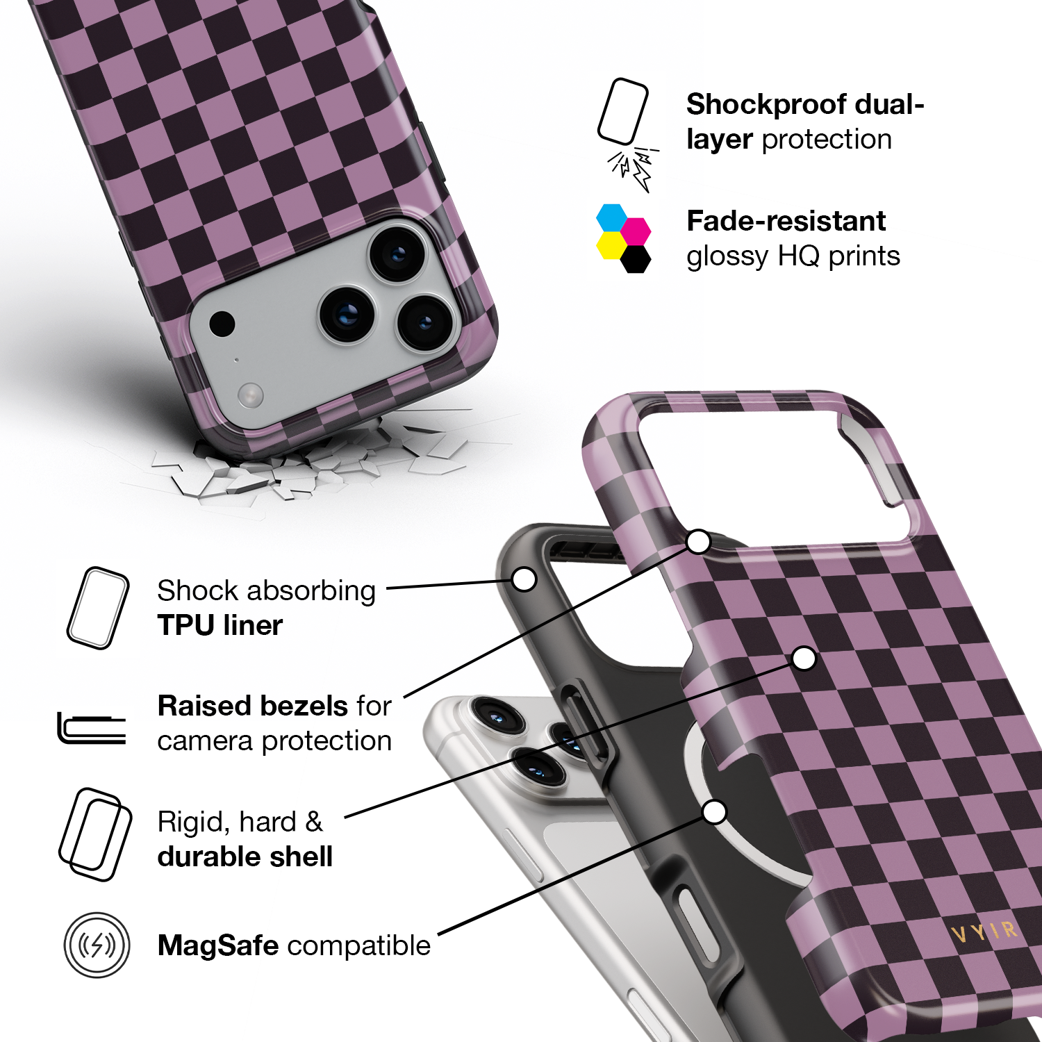 Tiny Checker, Plum - Shockproof MagSafe iPhone Case
