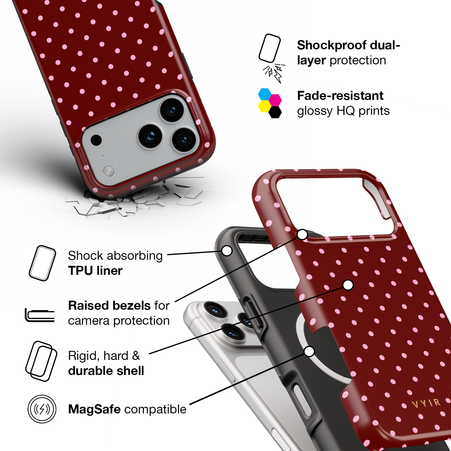 Tiny Polka Dots, Burgundy - Shockproof MagSafe iPhone Case