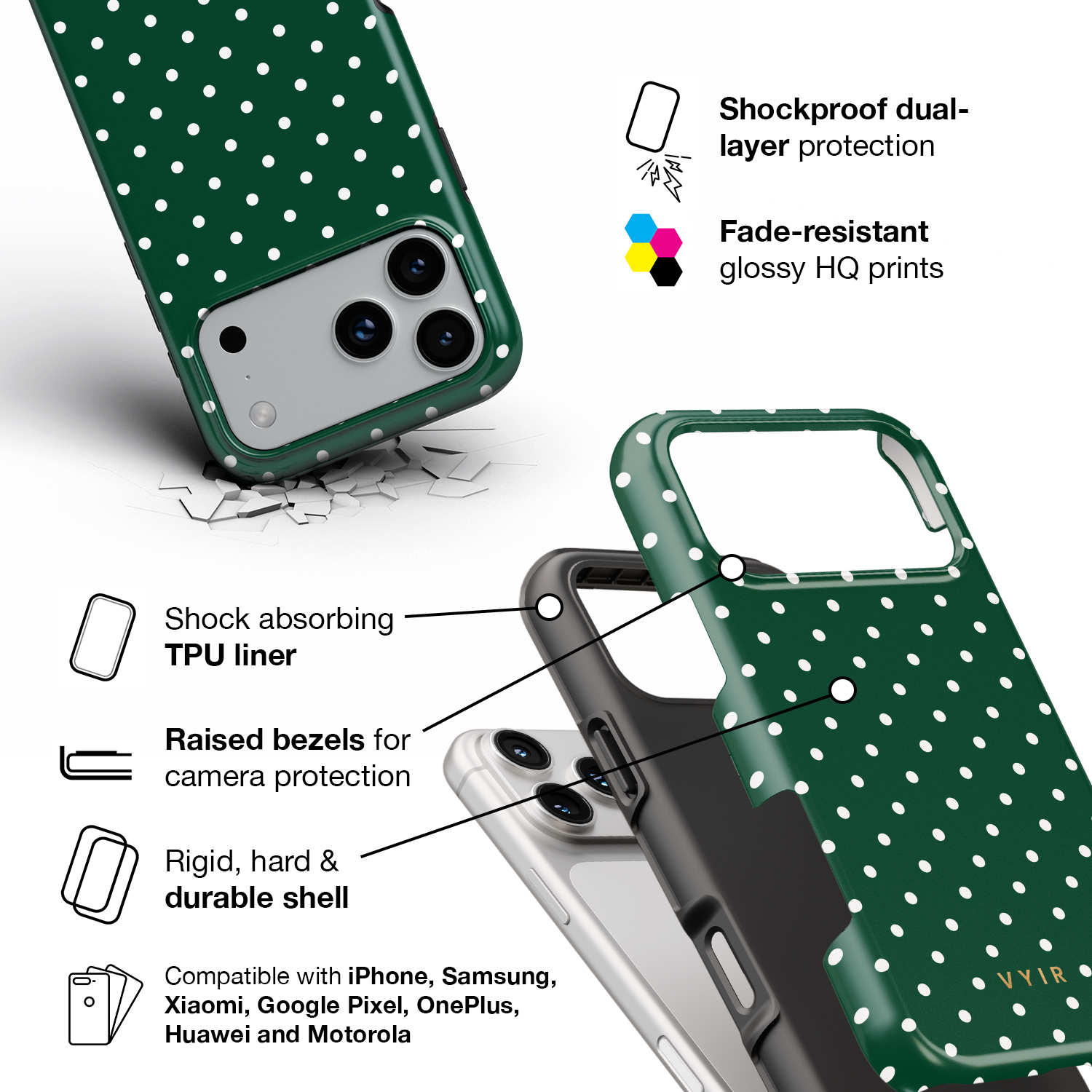 Tiny Polka Dots, Forest Green - Shockproof Phone Case